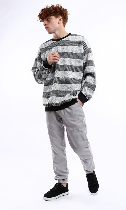 Light Grey Striped Oversized Crew-Neck Sweatshirt - O177883
