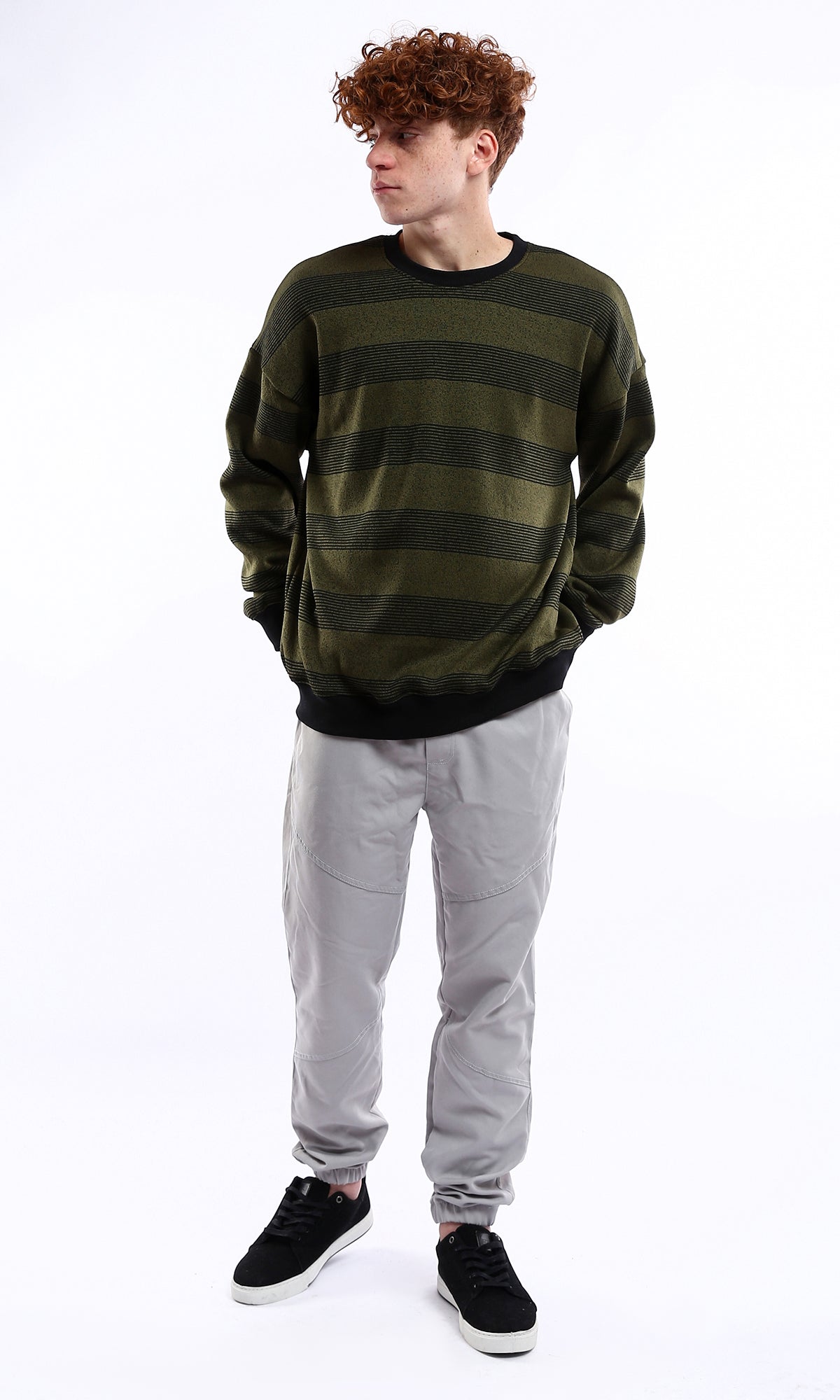 O177884 Black & Olive Striped Coziness Slip On Sweatshirt