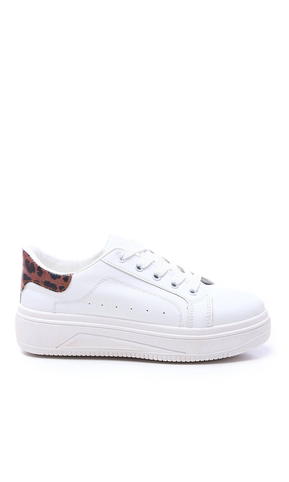 O177889 Round Toecap Sneakers With Leopard Back - White