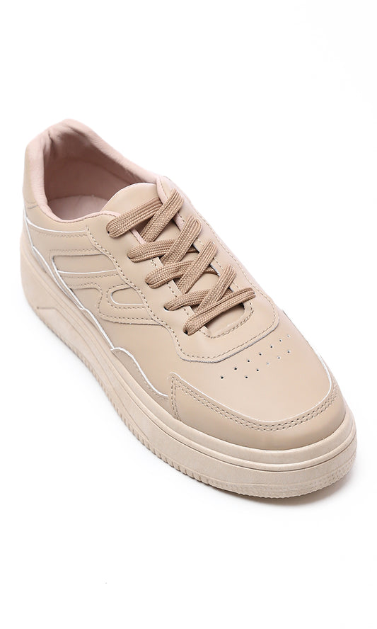 O177892 High-Sole Lace Up Casual Sneakers - Dark Beige