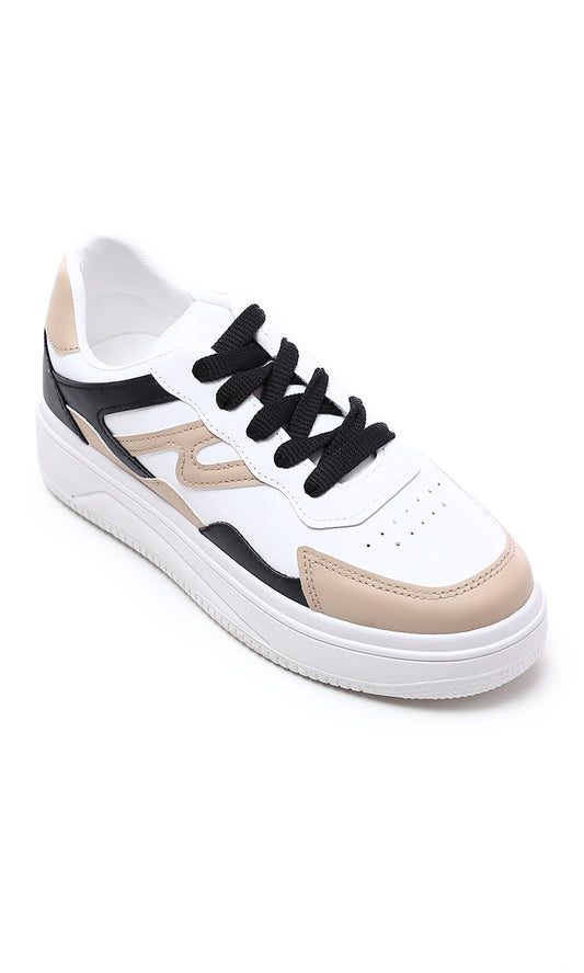 O177893 Tri-Tone Round Toecap Sneakers - White, Black & Beige