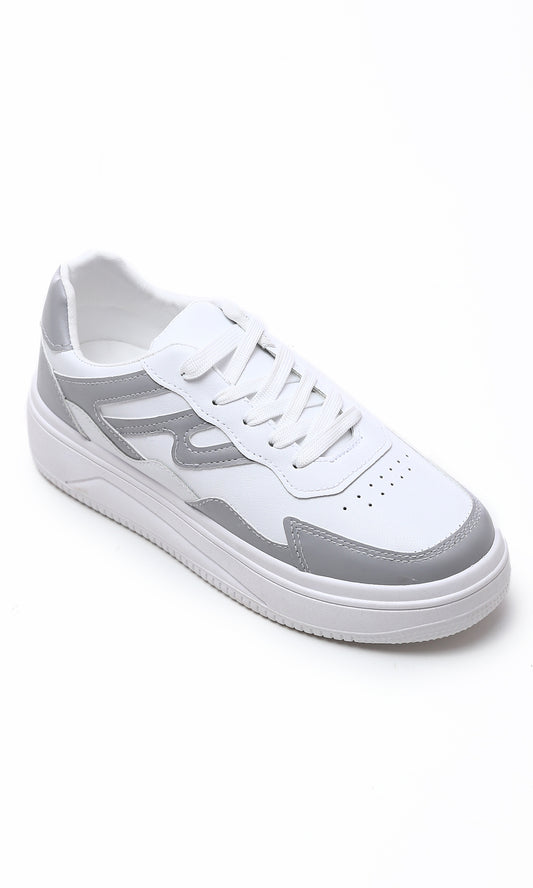 O177895 Bi-Tone Round Toecap Casual Sneakers - White & Dark Grey