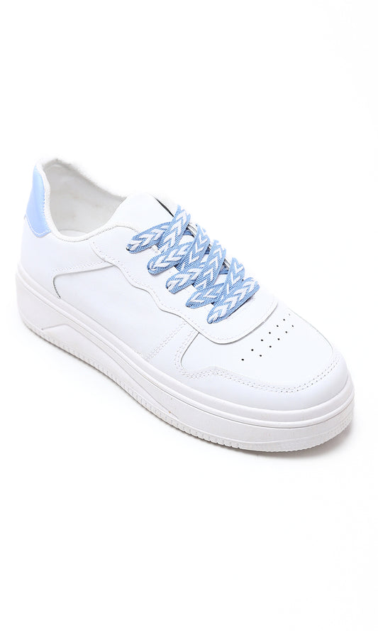 O177896 Textured Leather Casual Sneakers - White & Baby Blue