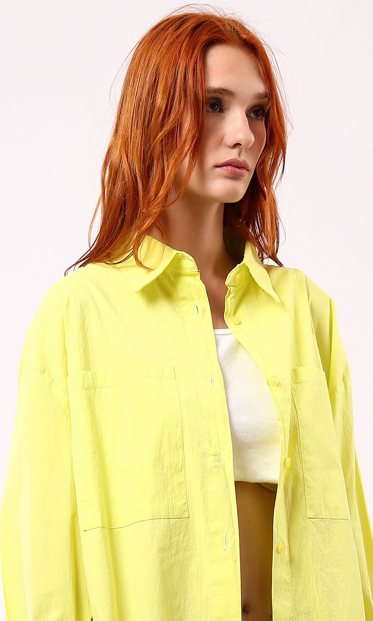 O177908 Full Buttons Down Neon Yellow Loose Shirt