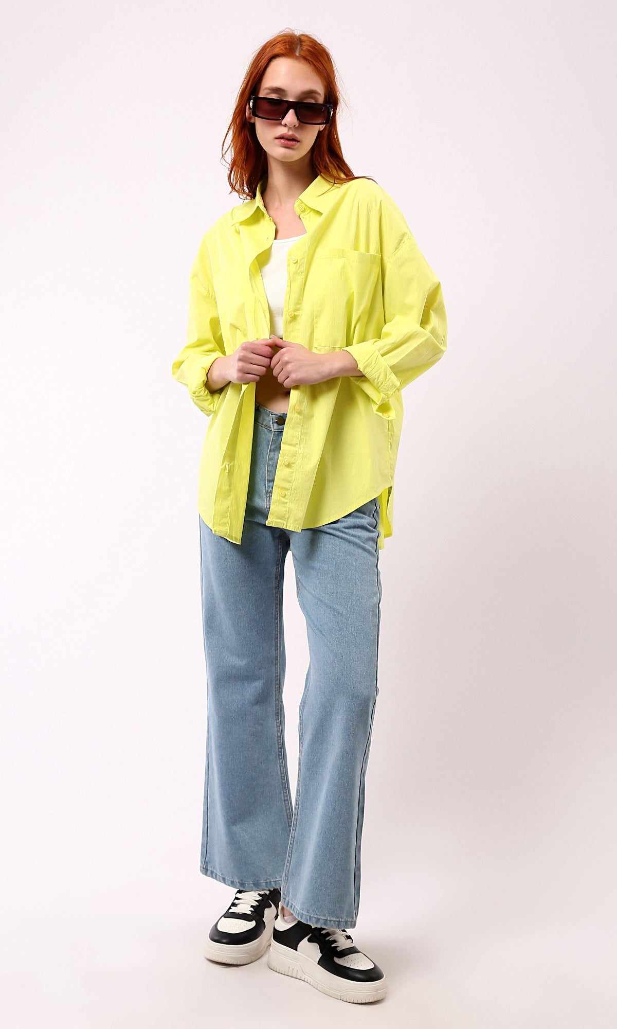 O177908 Full Buttons Down Neon Yellow Loose Shirt