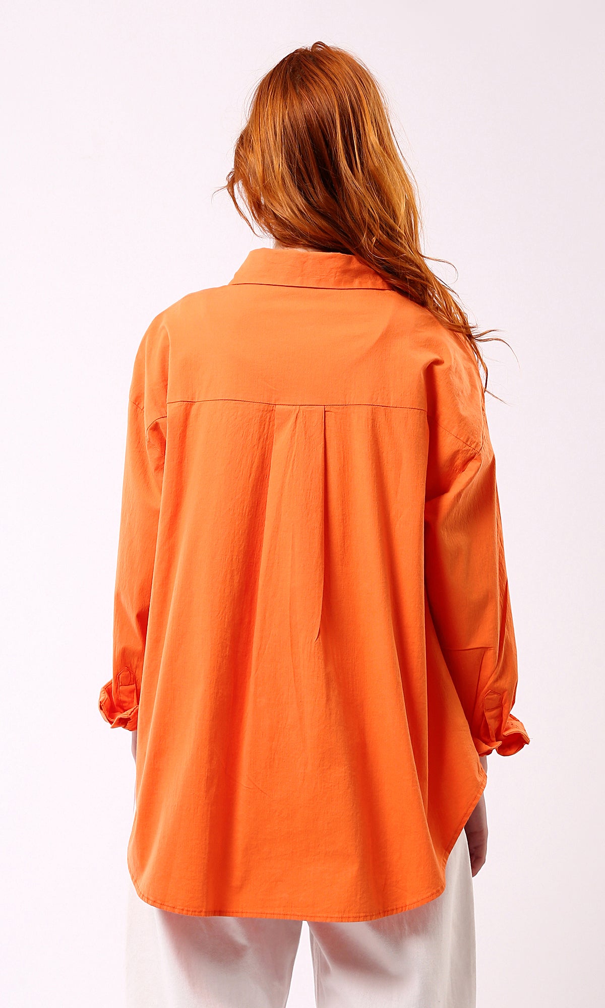O177909 Solid Orange Casual Shirt With Turn Down Collar