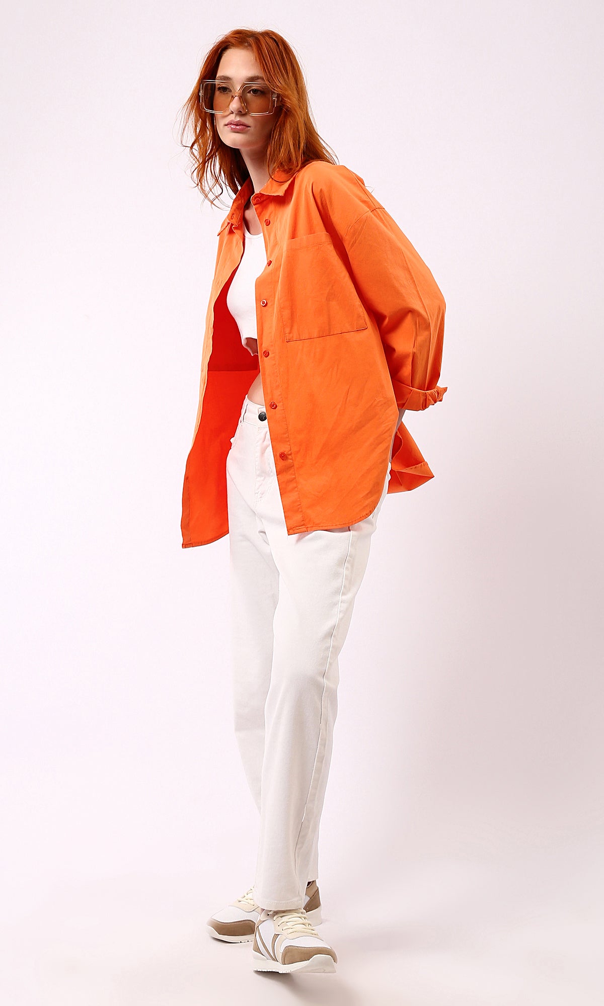 O177909 Solid Orange Casual Shirt With Turn Down Collar