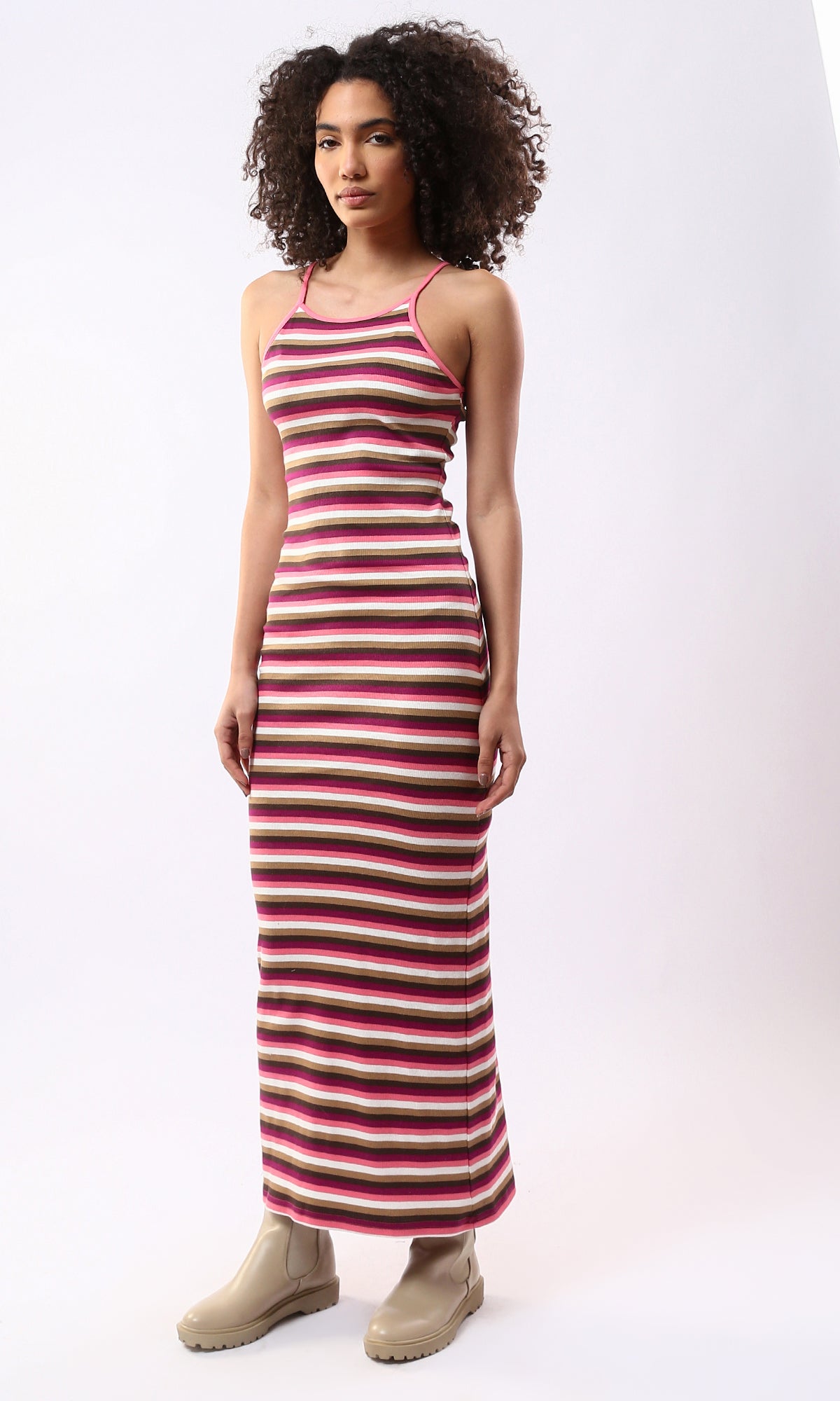 O177913 Multicolour Striped Sleeveless Feminine Maxi Dress