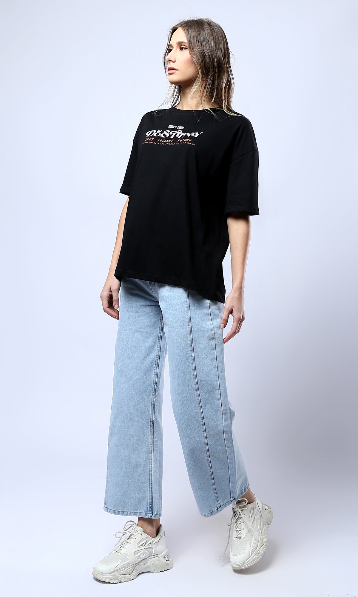 O177956 Fashionable Solid Light Blue Casual Wide Jeans