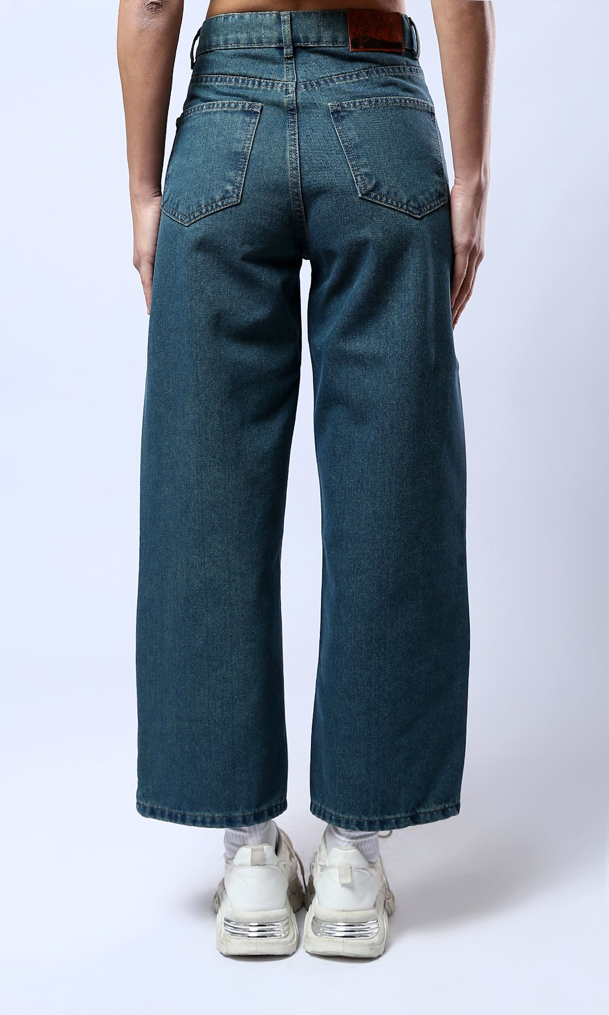 O177957 Greenish Blue Cotton Jeans With Double Closure