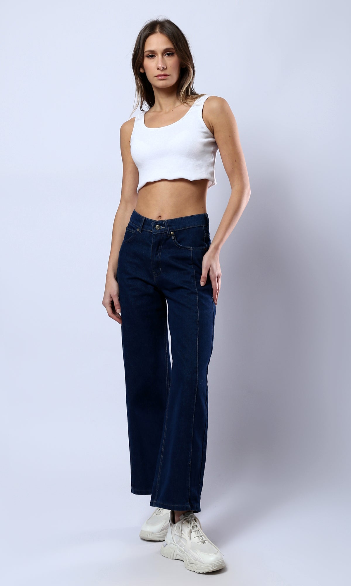 O177958 Solid Wide Leg Casual Jeans - Navy Blue