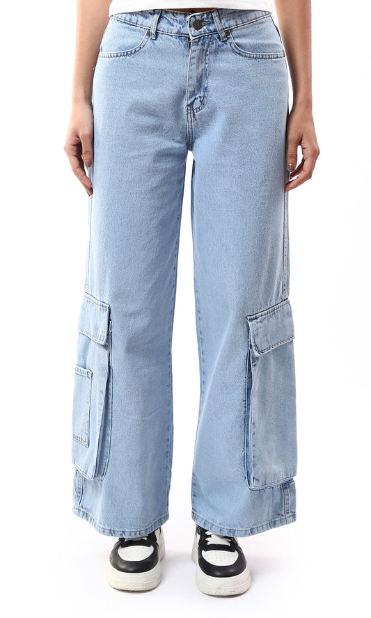 O177959 Light Blue Wide Leg Solid Casual Jeans