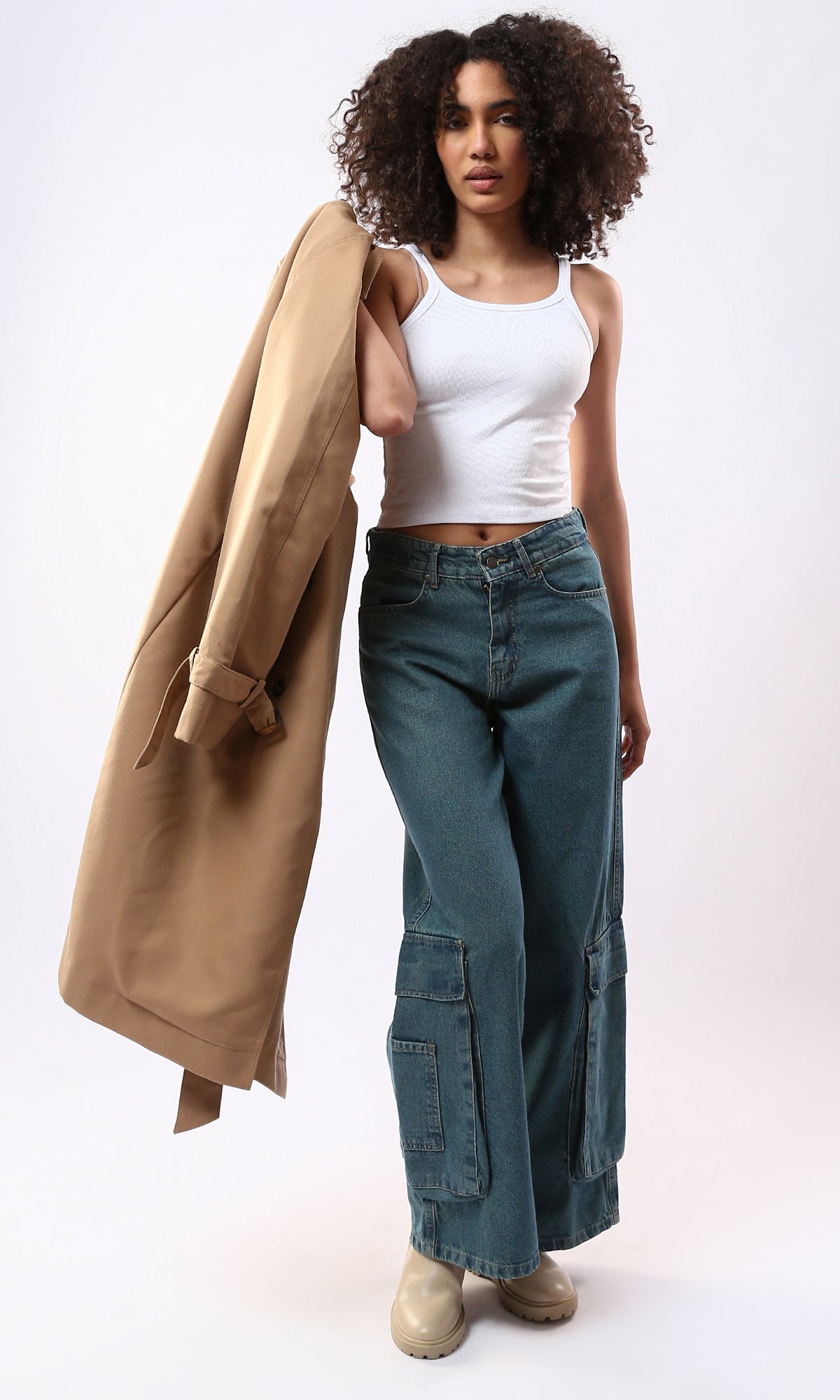 O177961 Solid Wide Leg Greenish Blue Casual Jeans