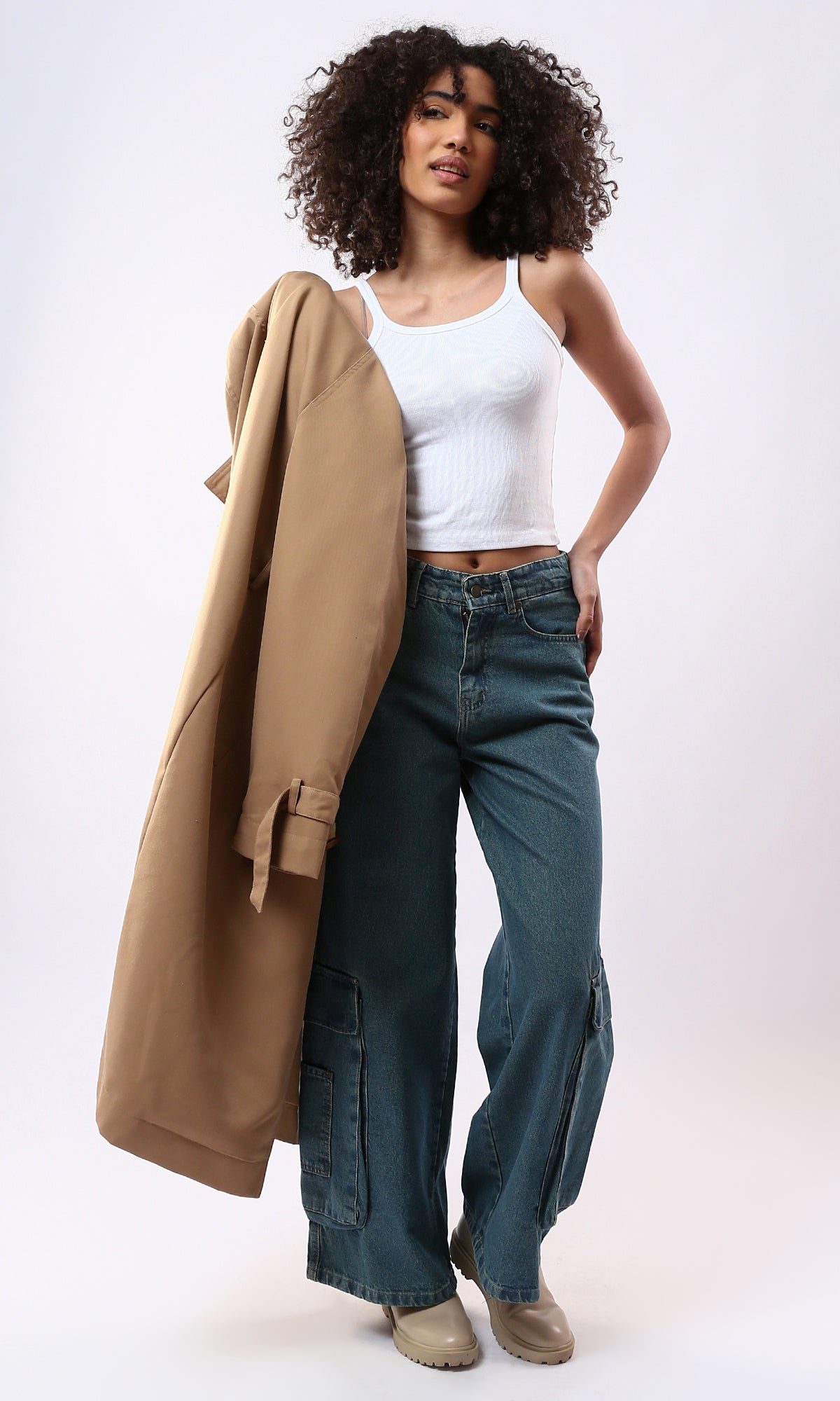 O177961 Solid Wide Leg Greenish Blue Casual Jeans