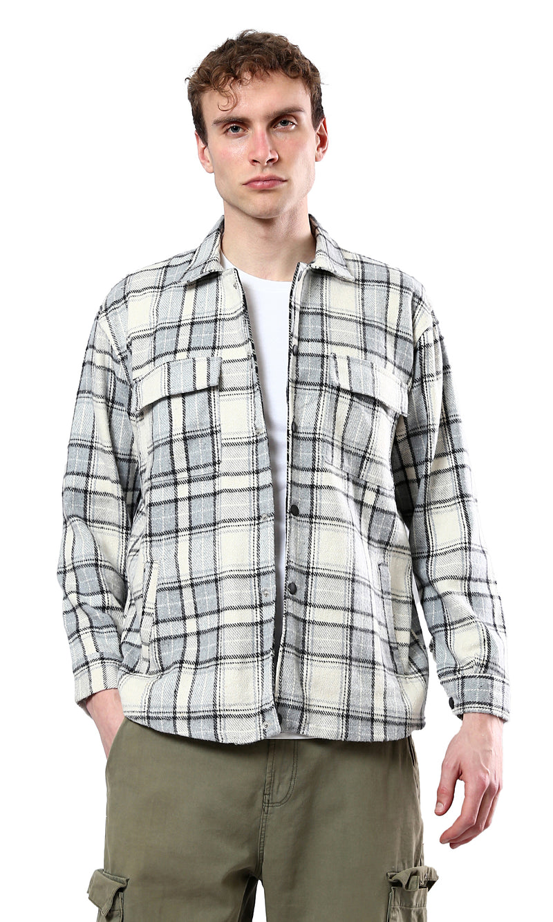 O177986 Tartan Winter Shirt With Four Pockets - Off-White & Mint