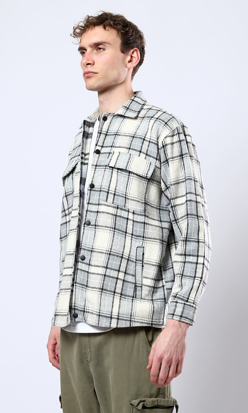 O177986 Tartan Winter Shirt With Four Pockets - Off-White & Mint