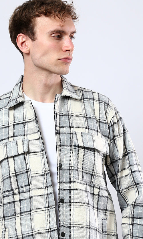 O177986 Tartan Winter Shirt With Four Pockets - Off-White & Mint