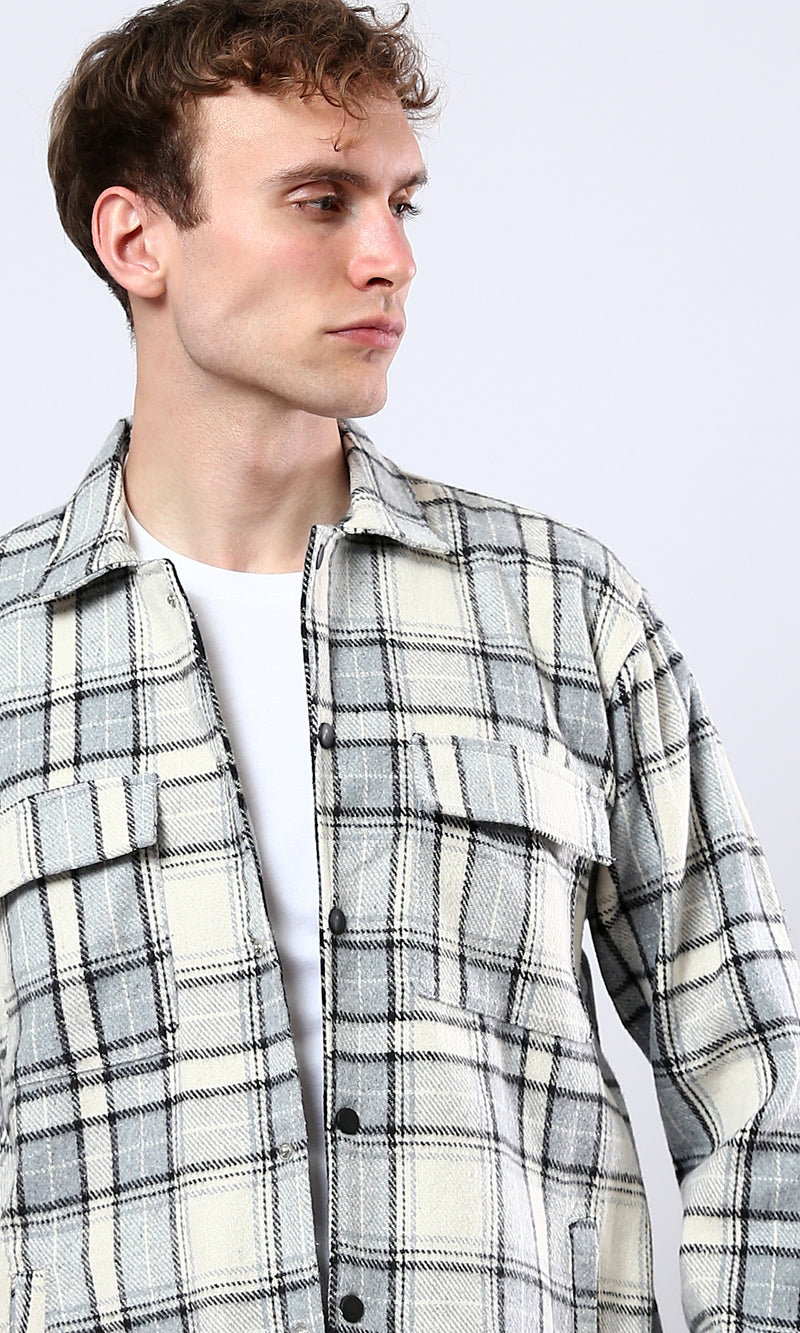 O177986 Tartan Winter Shirt With Four Pockets - Off-White & Mint