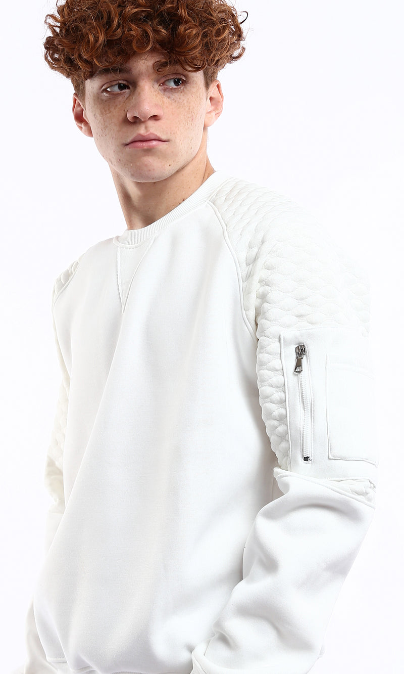 O178002 Off-White Self Pattern Sleeves Solid Sweatshirt