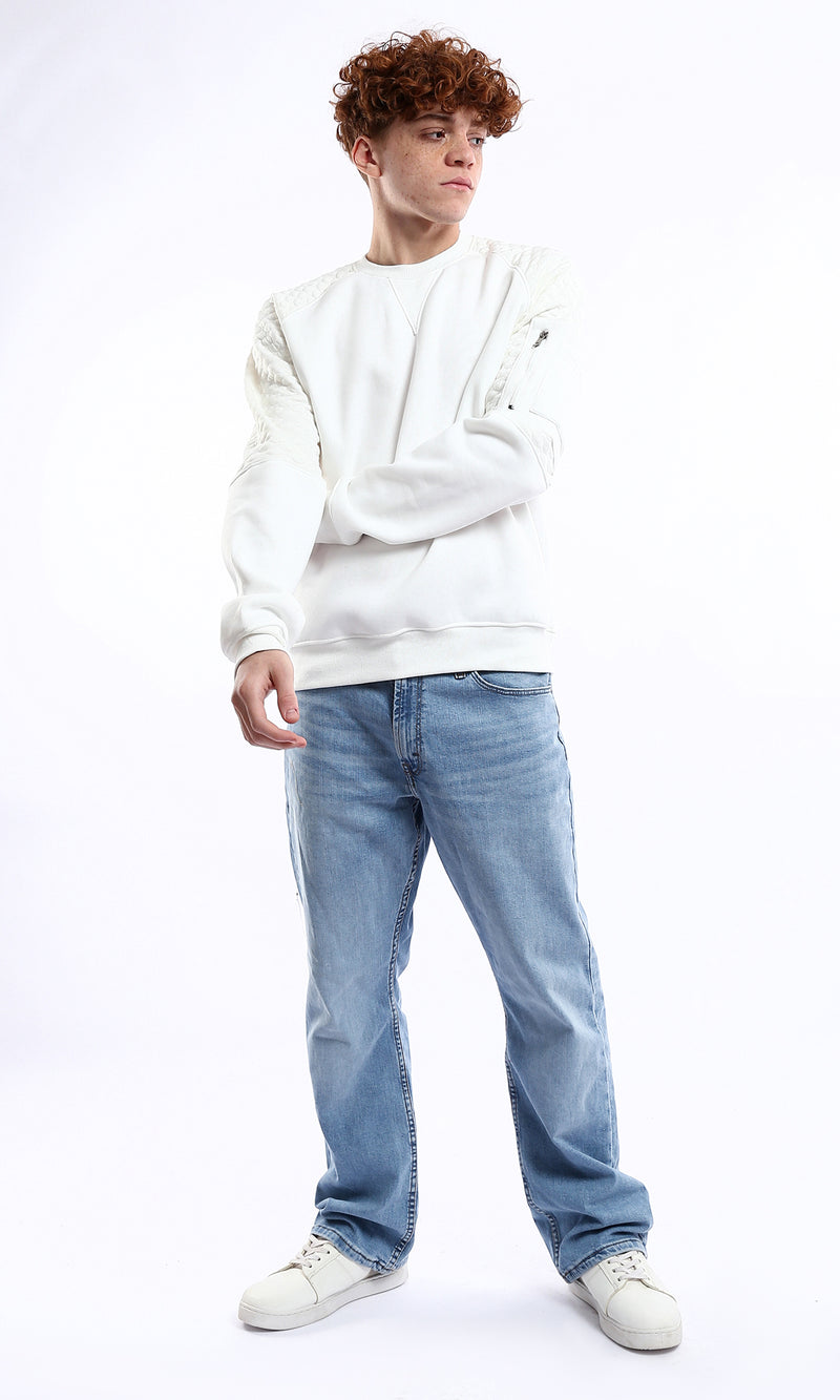 O178002 Off-White Self Pattern Sleeves Solid Sweatshirt