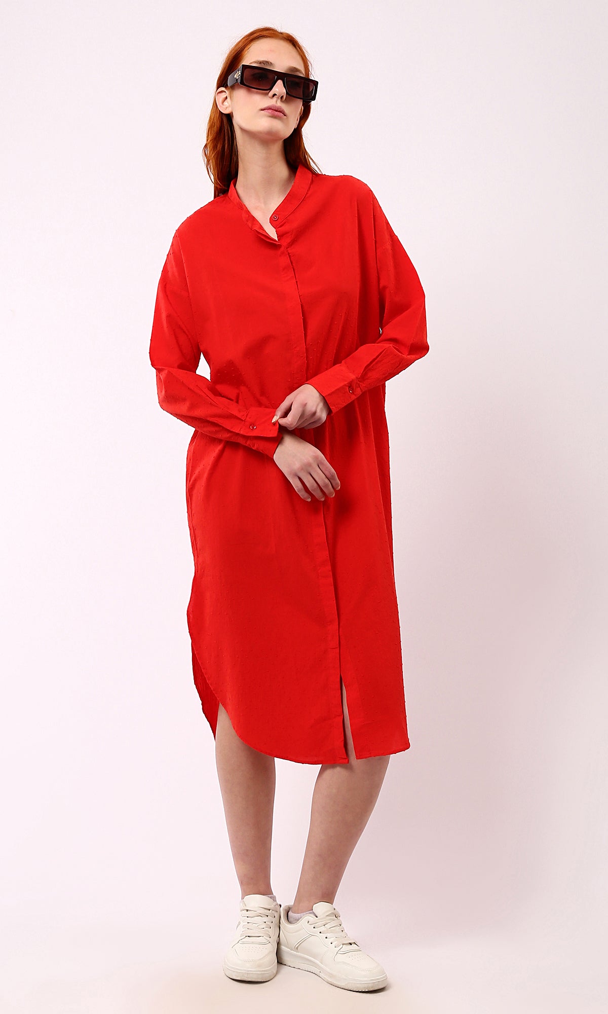 O178035 Long Sleeves Red Patterned Shirt Dress