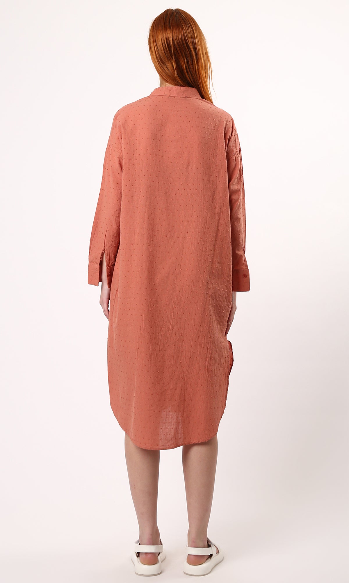 O178036 Coral Orange Casual Shirt Dress With Side Slits