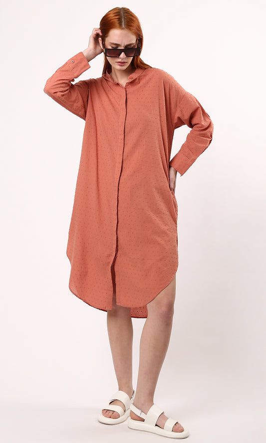 O178036 Coral Orange Casual Shirt Dress With Side Slits