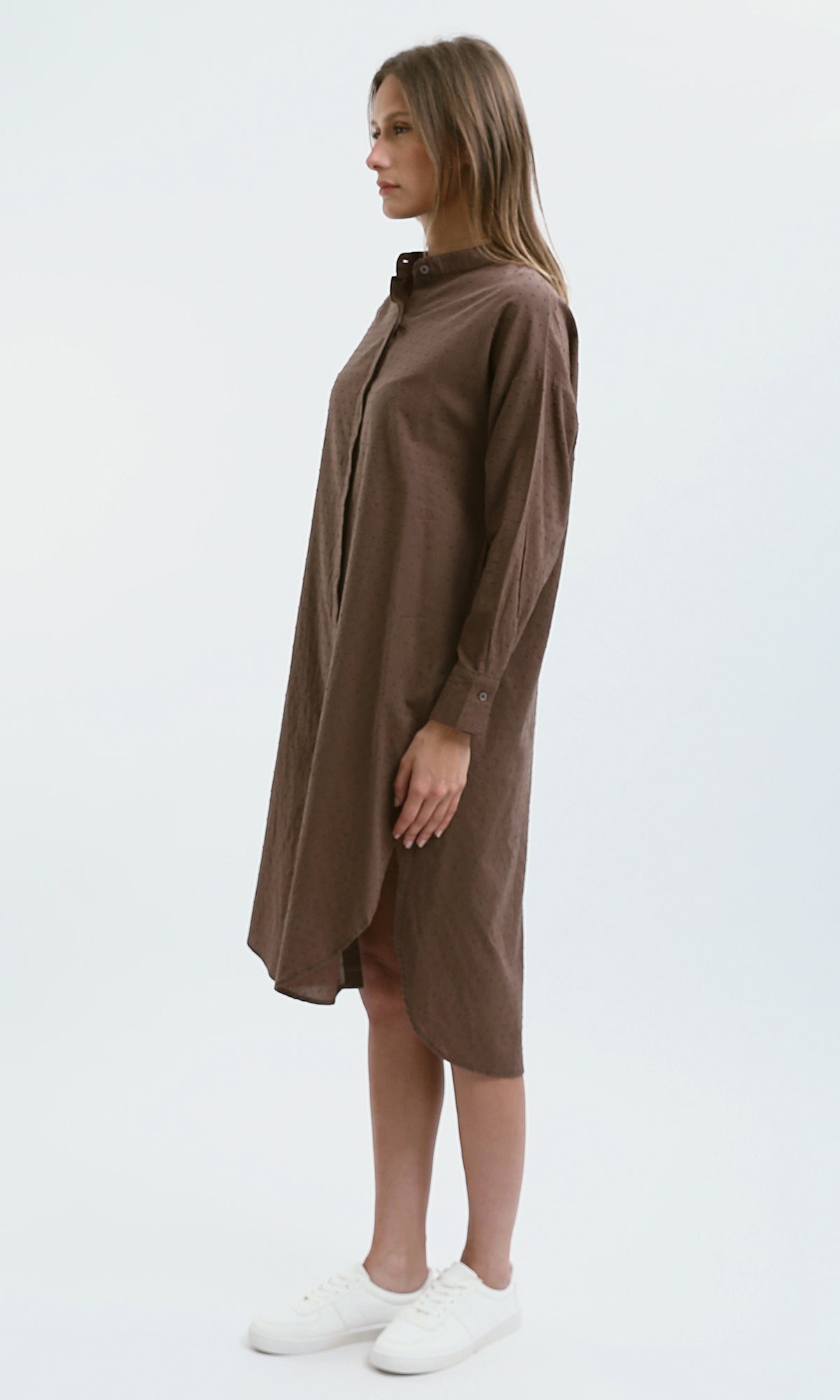 O178037 Patterned Long Sleeves Casual Shirt Dress - Dark Brown
