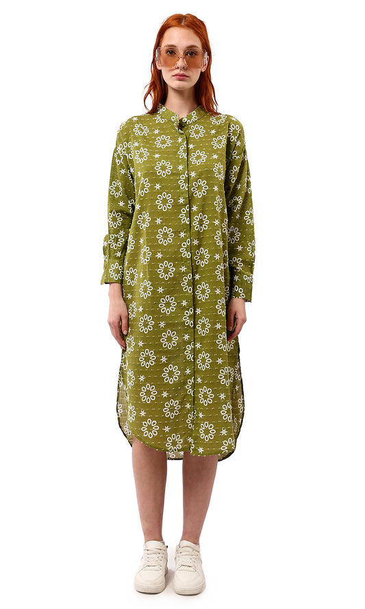 O178039 Olive Floral Shirt Dress With Front Hidden Buttons