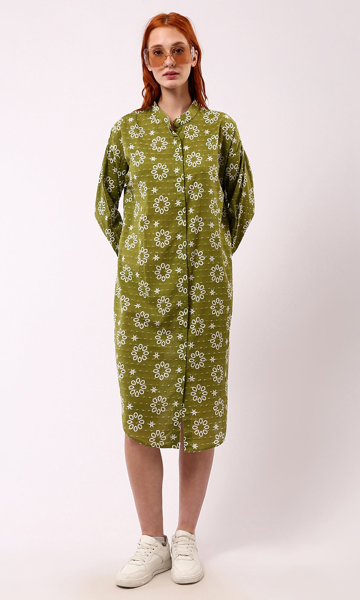 O178039 Olive Floral Shirt Dress With Front Hidden Buttons