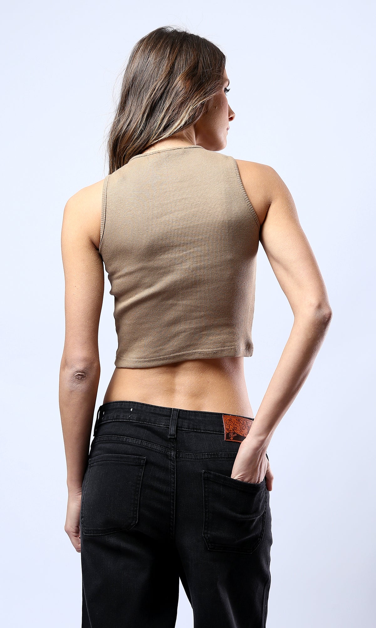 O178126 Sleeveless Casual Light Brown Cropped Tank Top