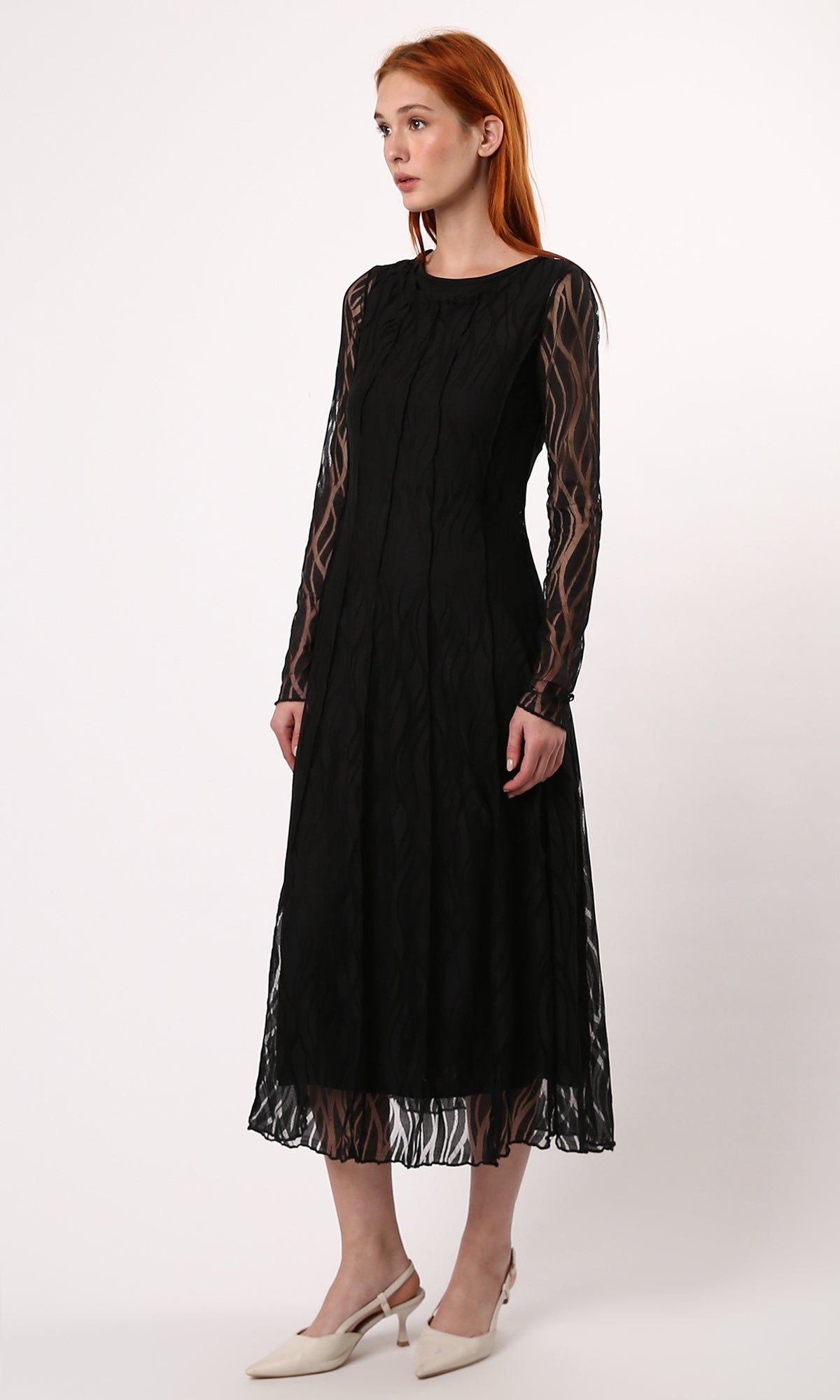 O178290 Sheer Sleeves Patterned Black Midi Dress