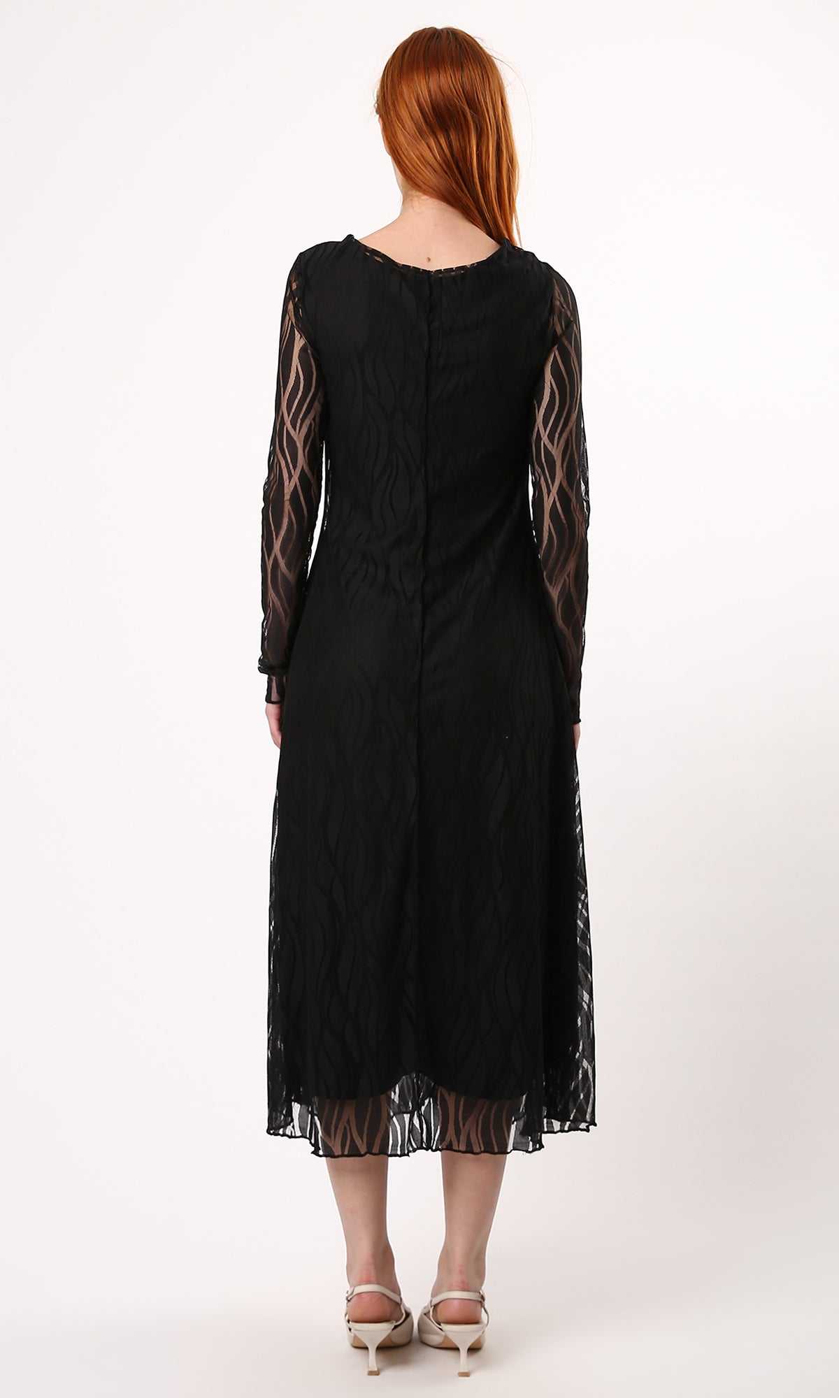 O178290 Sheer Sleeves Patterned Black Midi Dress