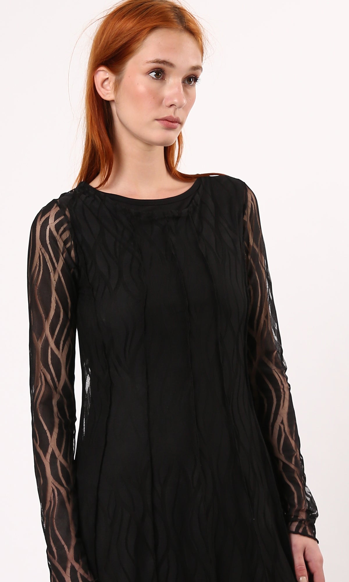 O178290 Sheer Sleeves Patterned Black Midi Dress