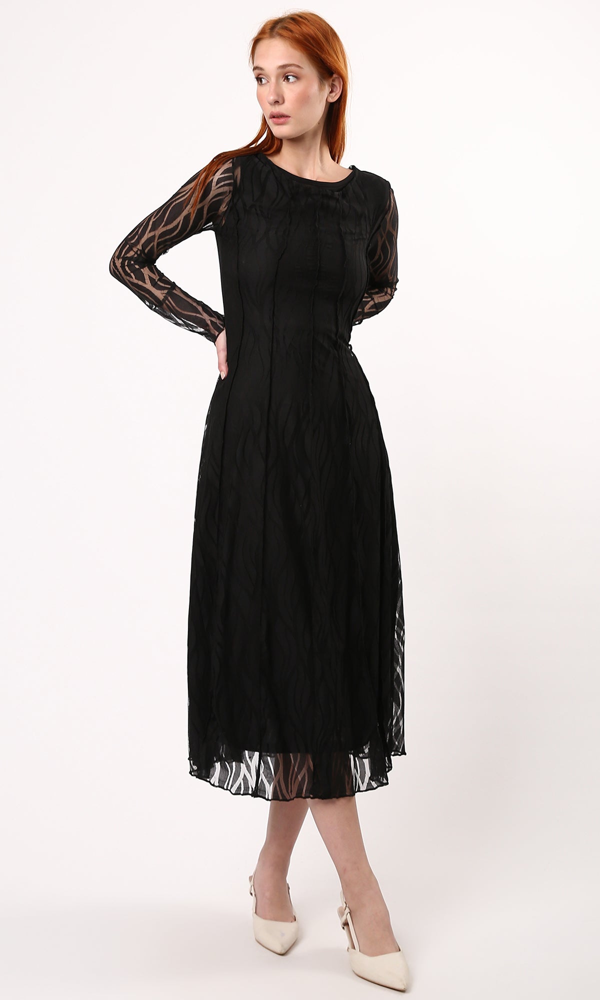 O178290 Sheer Sleeves Patterned Black Midi Dress