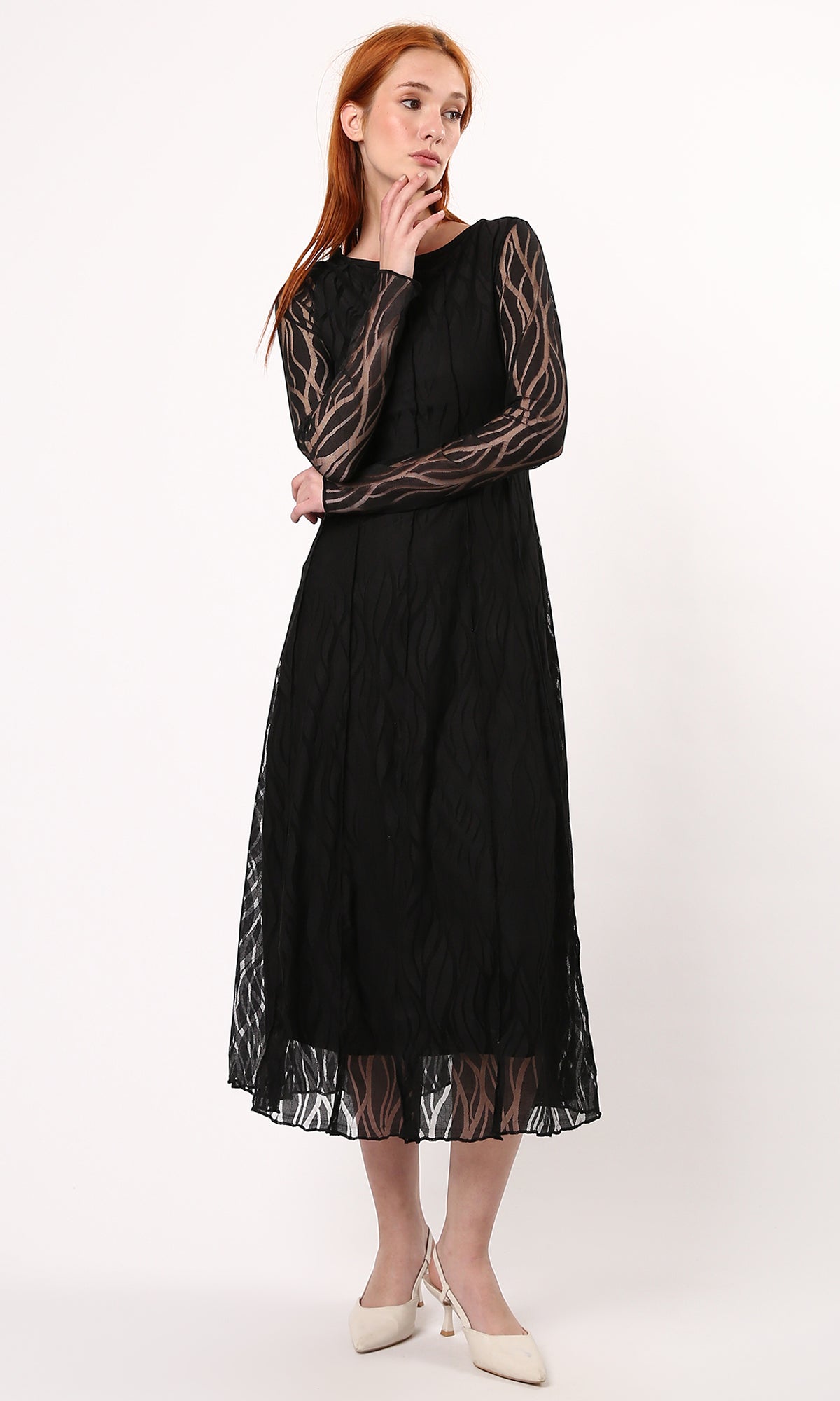 O178290 Sheer Sleeves Patterned Black Midi Dress