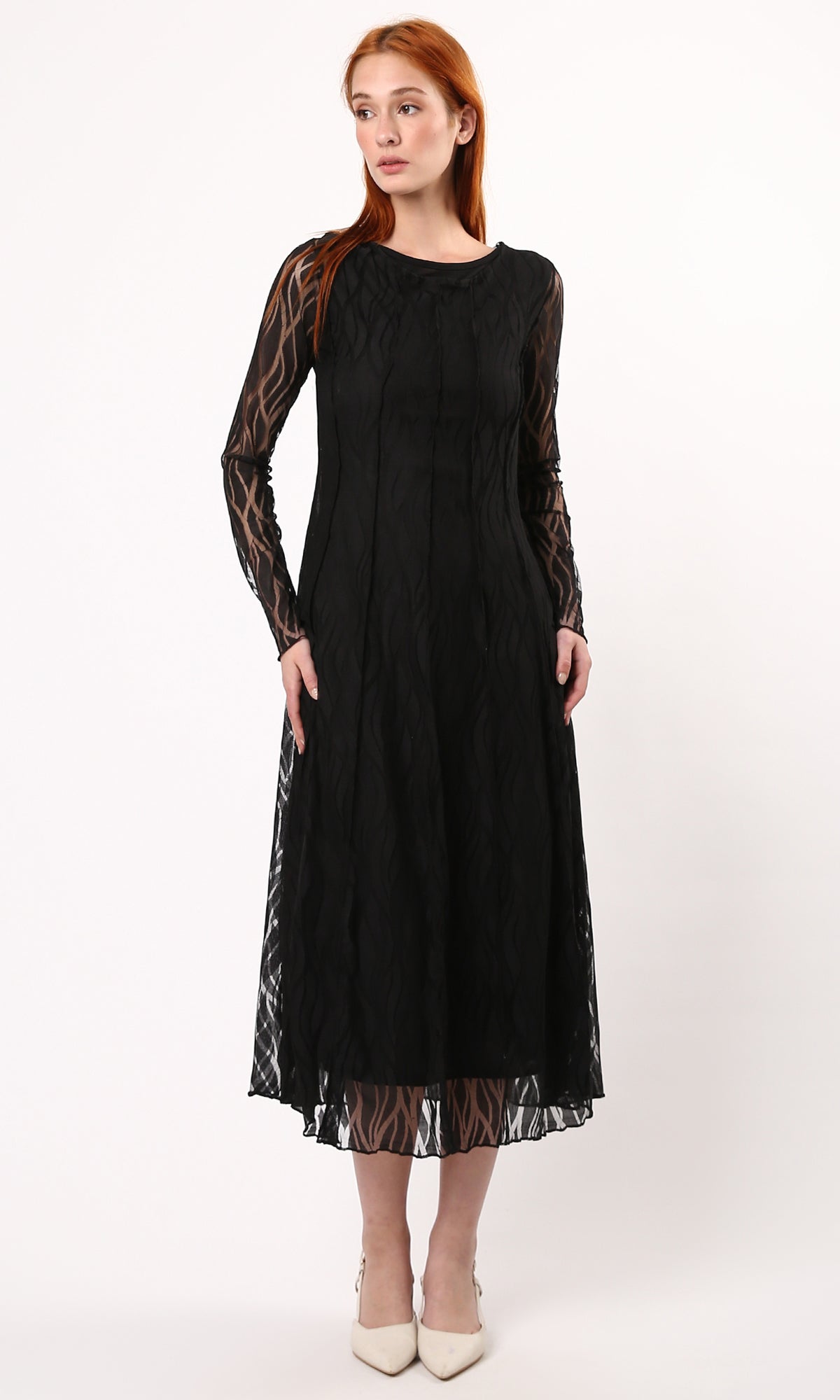 O178290 Sheer Sleeves Patterned Black Midi Dress