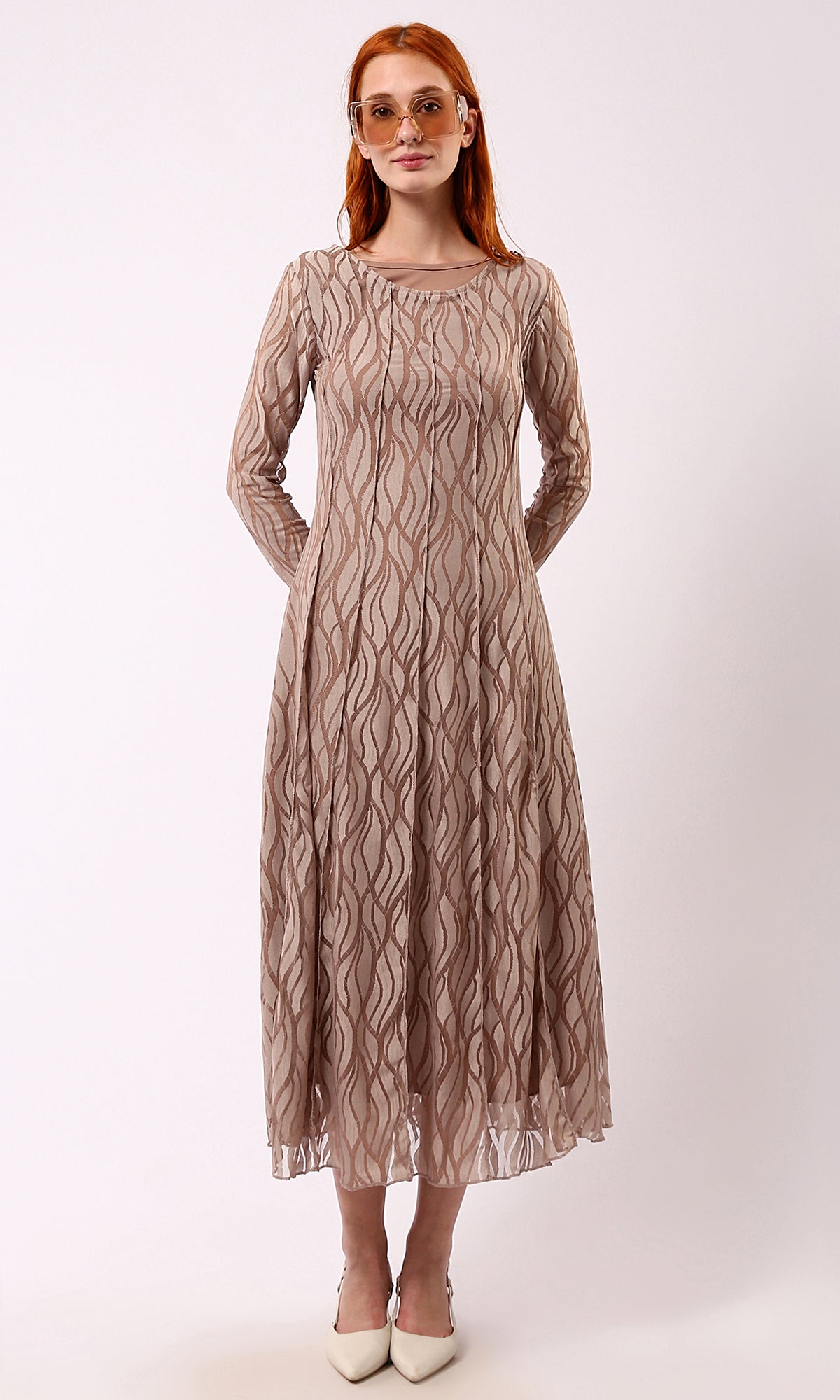 O178291 Patterned Long Sleeves Coffee Midi Dress