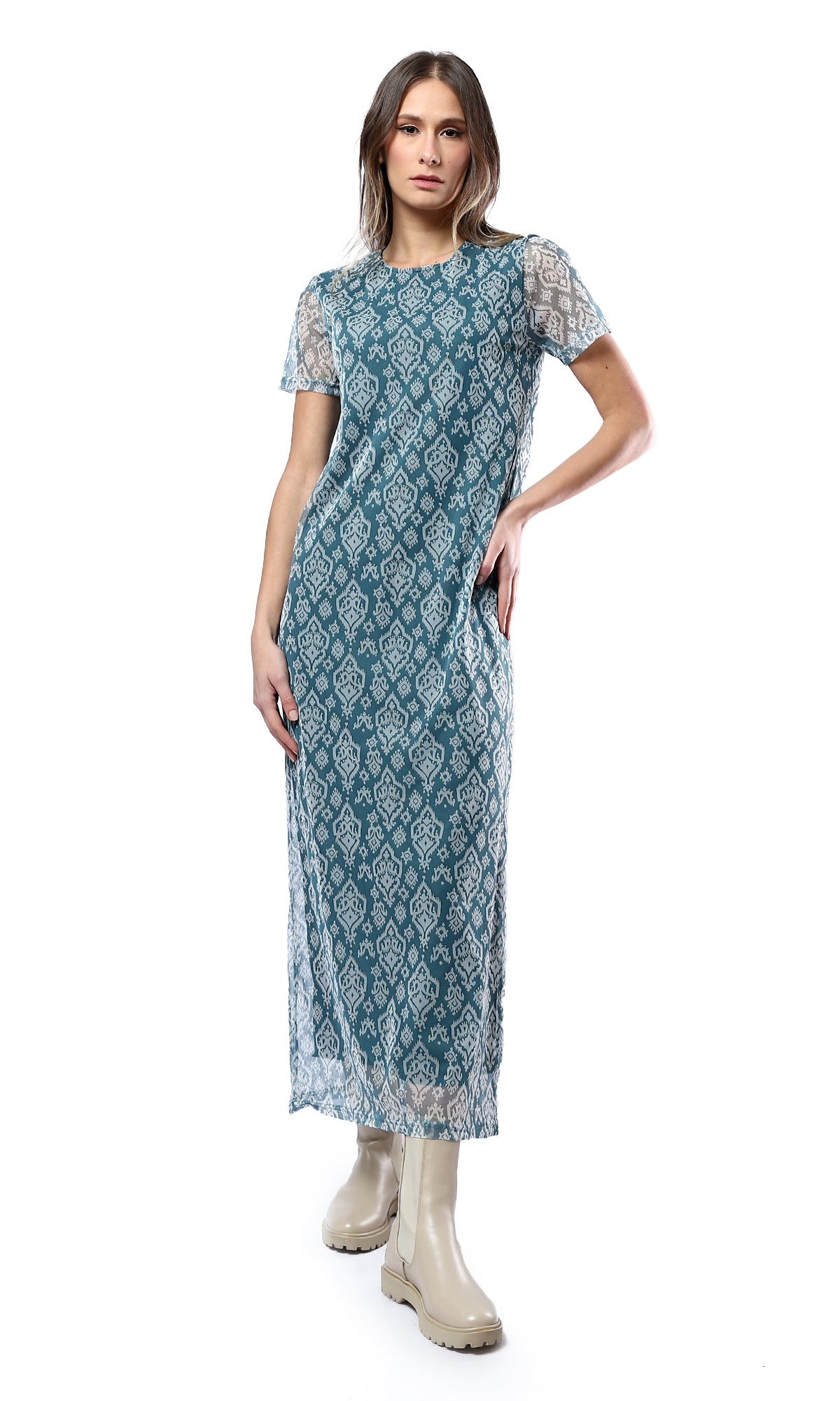 O178300 Patterned Short Sleeves Sea Green & White Dress