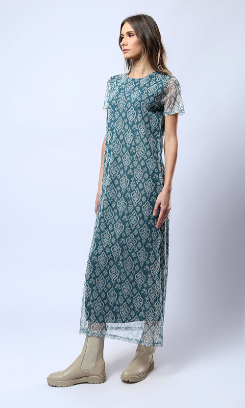 Teal Geometric Ikat Print Short Sleeve Maxi Dress - 0178300