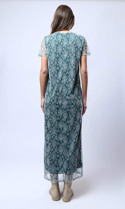 Teal Geometric Ikat Print Short Sleeve Maxi Dress - 0178300