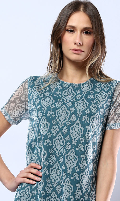 Teal Geometric Ikat Print Short Sleeve Maxi Dress - 0178300