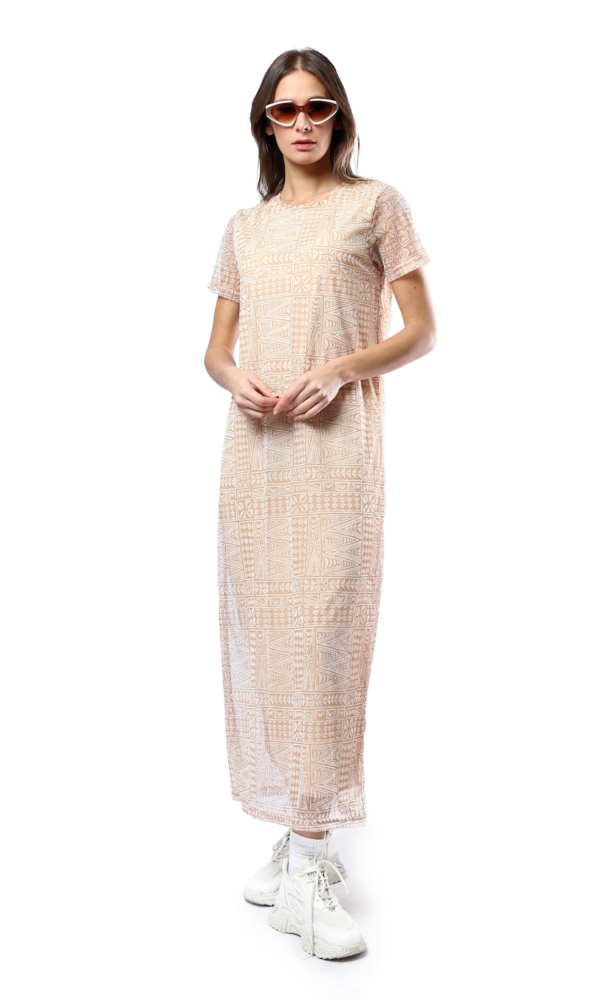 O178301 Wide Round Neck Patterned Camel & White Midi Dress