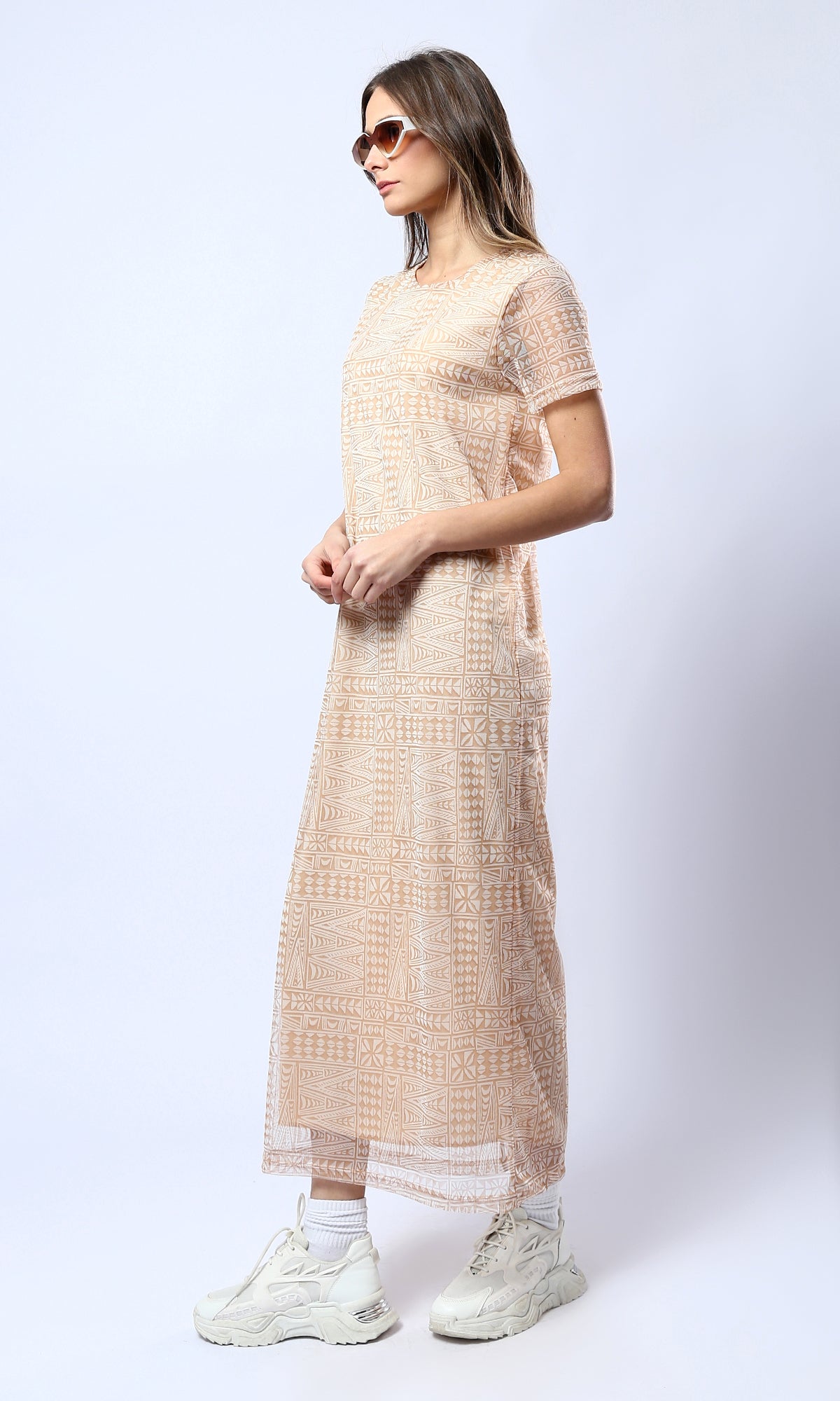 Geometric Print Mesh Maxi Dress - 0178301