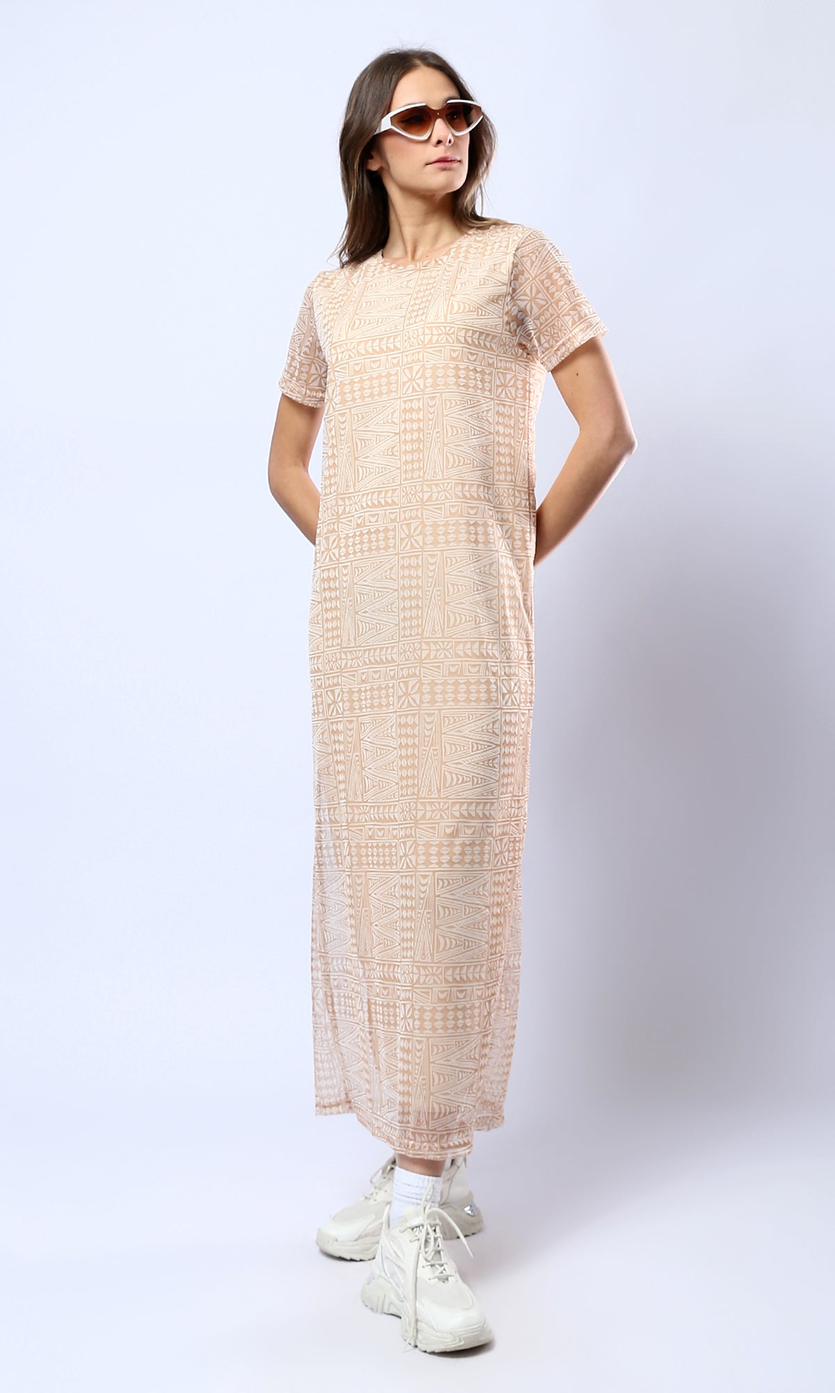 Geometric Print Mesh Maxi Dress - 0178301