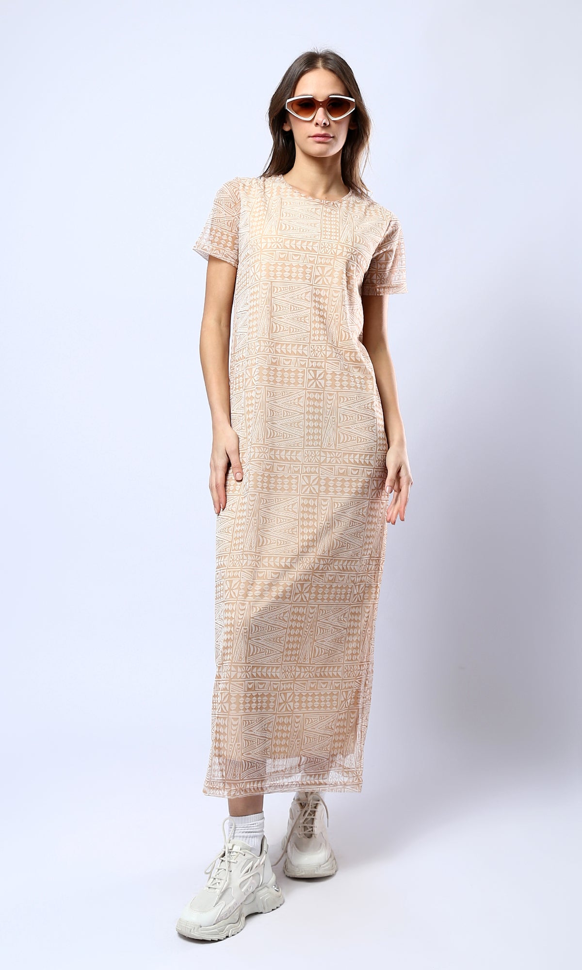Geometric Print Mesh Maxi Dress - 0178301