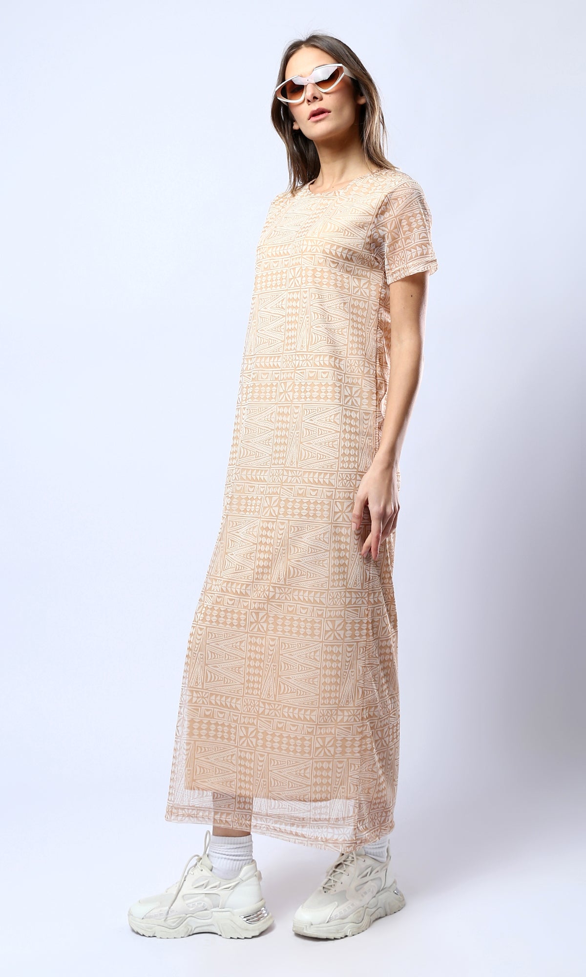 Geometric Print Mesh Maxi Dress - 0178301