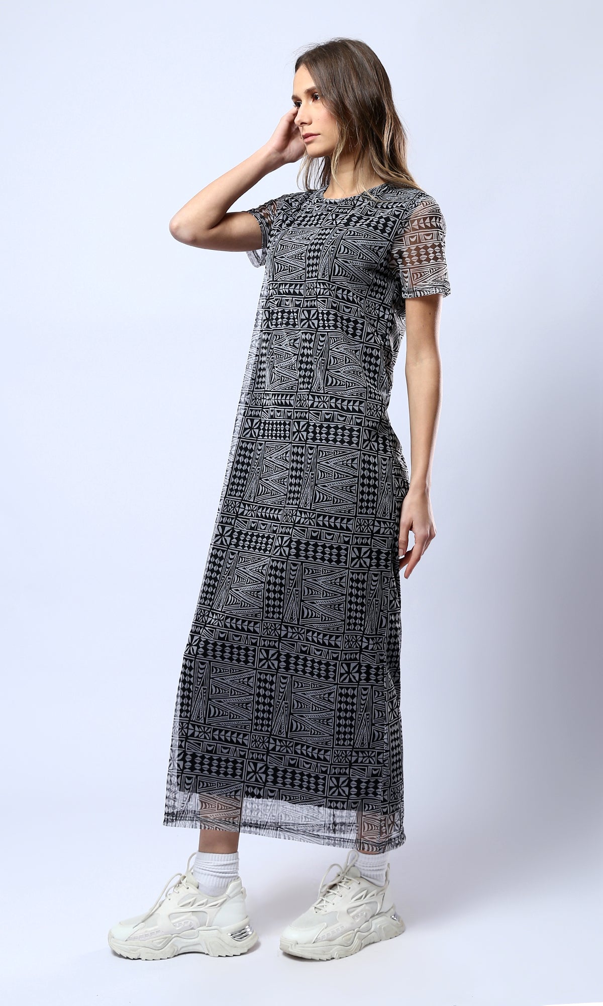 Geometric Print Mesh Column Maxi Dress - 0178303