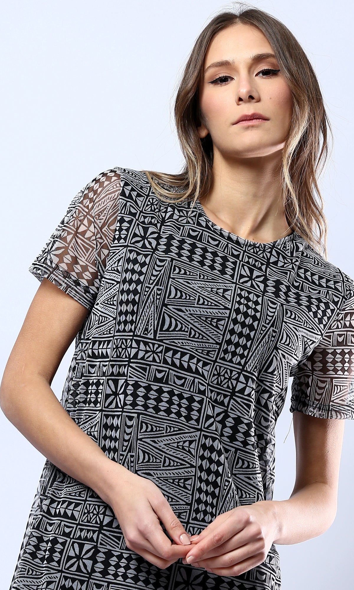 Geometric Print Mesh Column Maxi Dress - 0178303