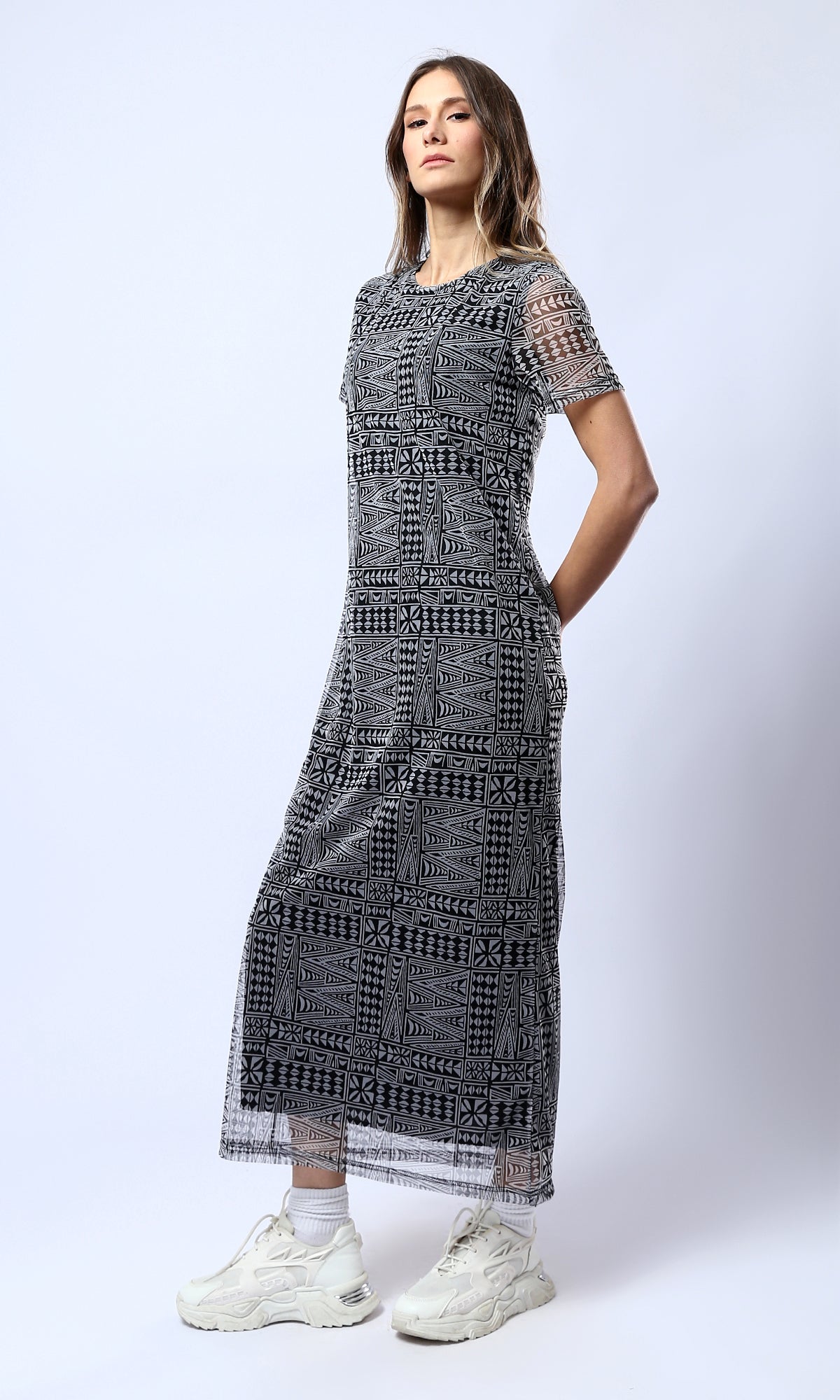 Geometric Print Mesh Column Maxi Dress - 0178303
